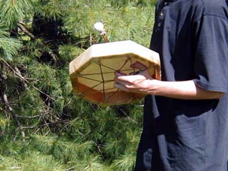 Playing a Native American Indian drum in the pines.